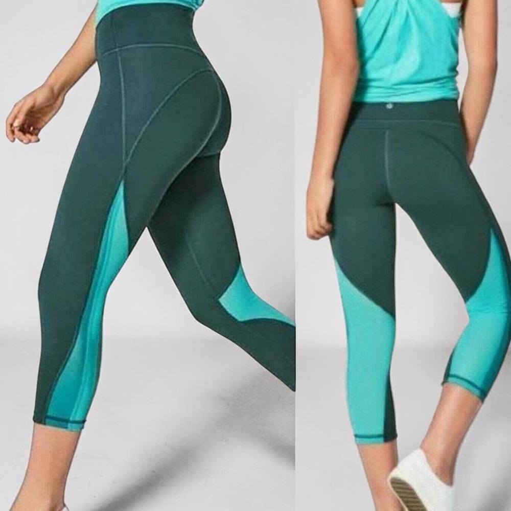 Lululemon Mix & Mesh Crop 21" Leggings Dark Green Teal Size 4 Activewear Yoga